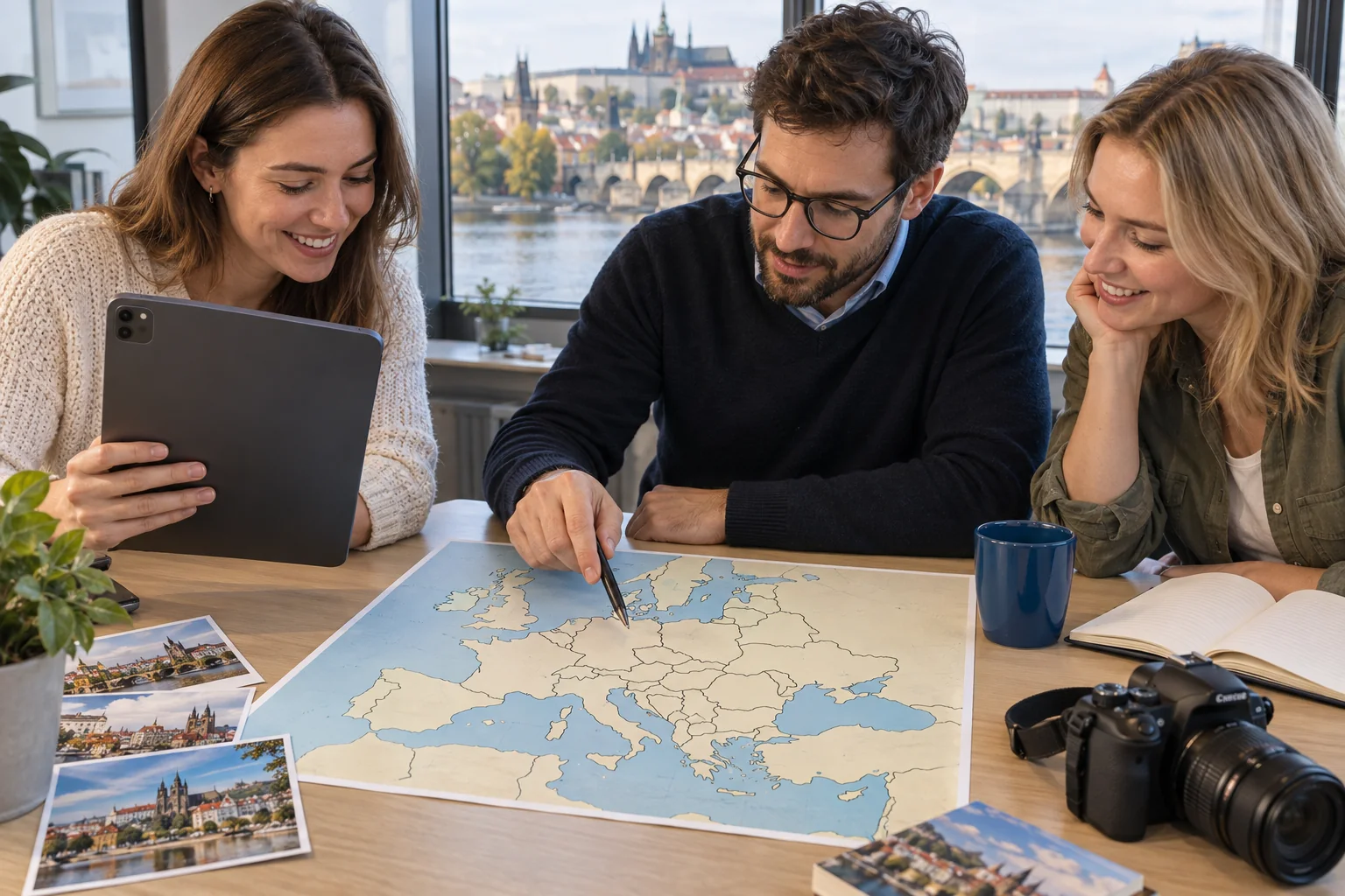 Travel professionals planning a route with a view over a European old town