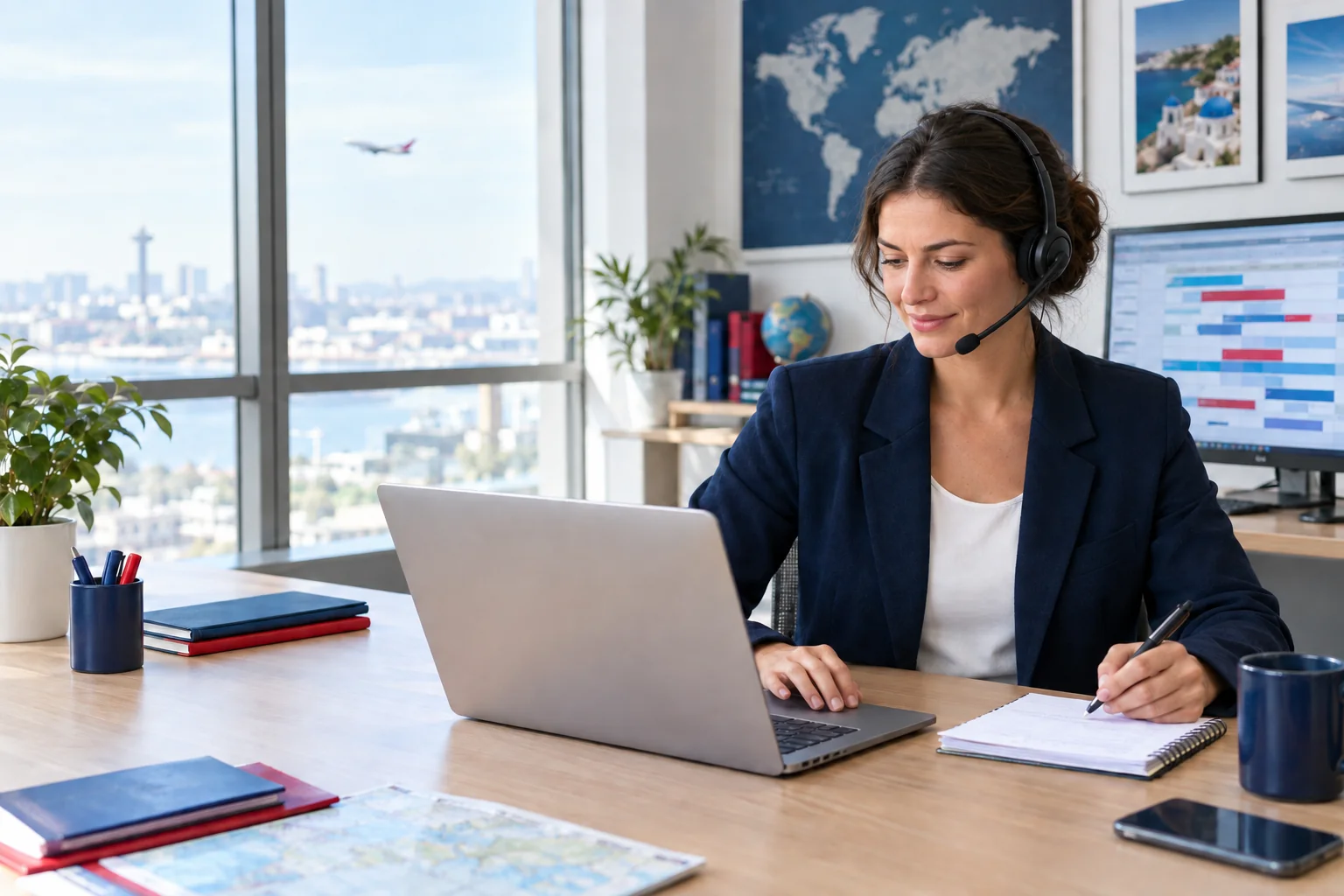 Support specialist with a headset at a desk