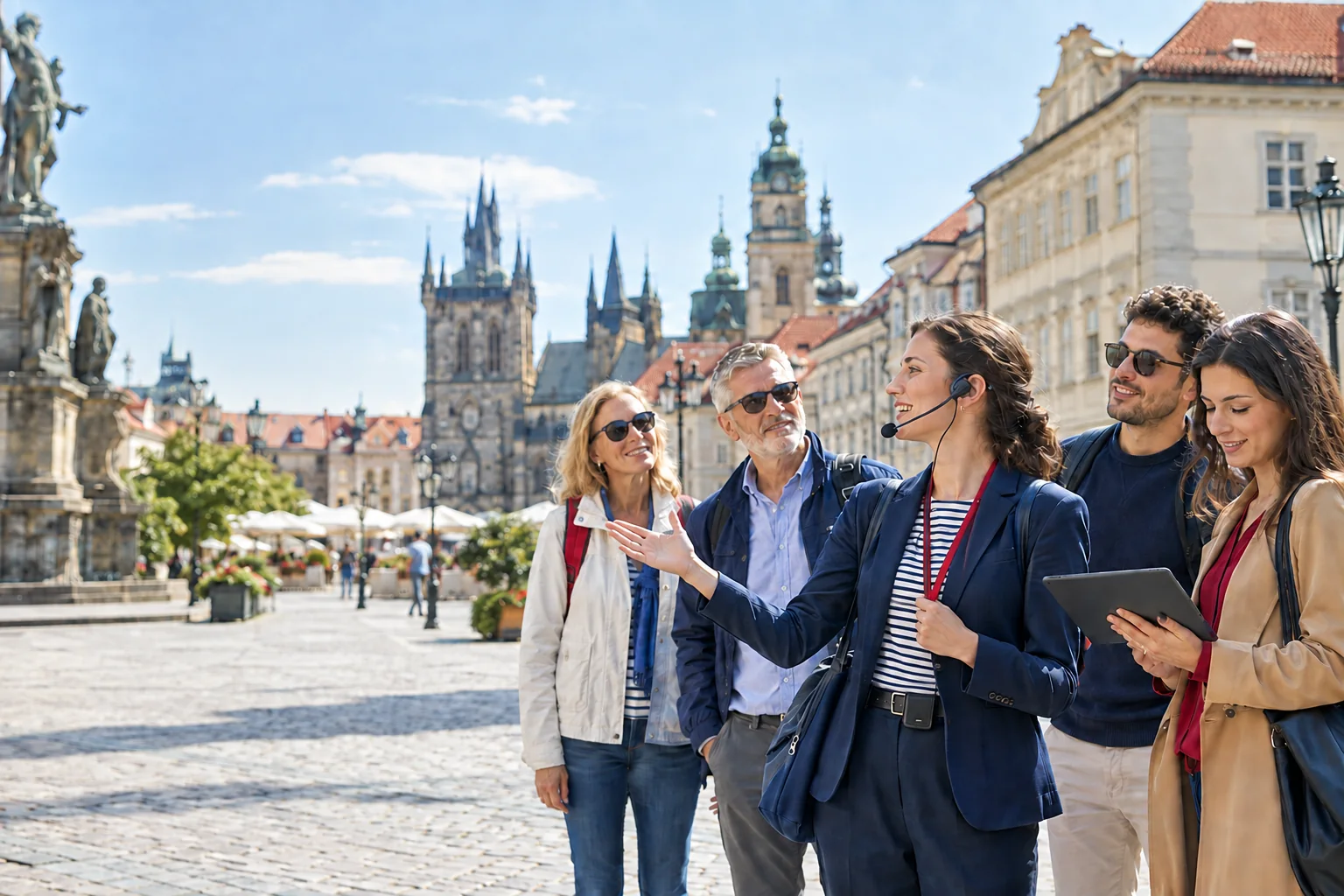 Tour guide and group in a historic European square