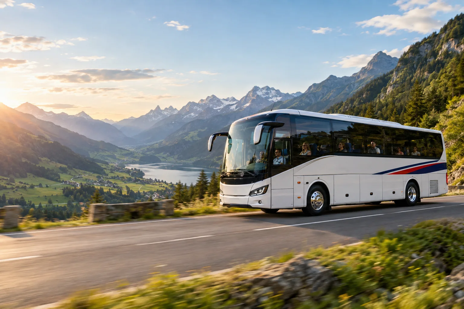 White touring coach on an alpine road